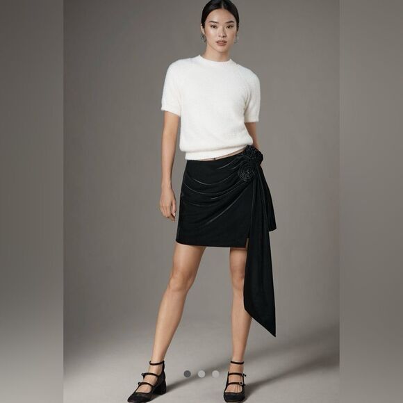 Anthropologie Avec Les Filles Black Velvet Rosette Tie Mini Skirt XS NWT - Picture 3 of 12